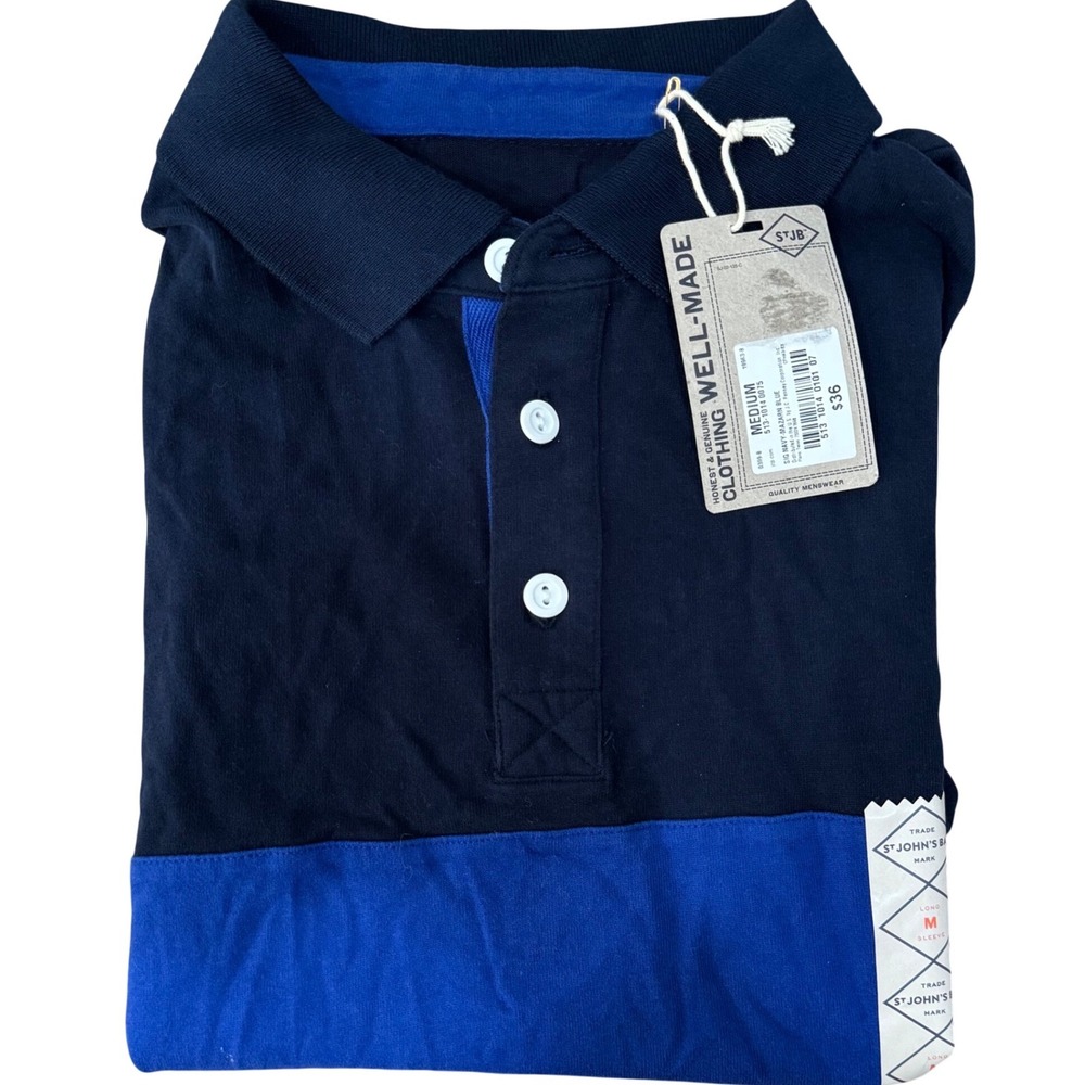 St. John's Bay Polo Shirt Mens Medium Navy Blue Long Sleeve Colorblock Stripe